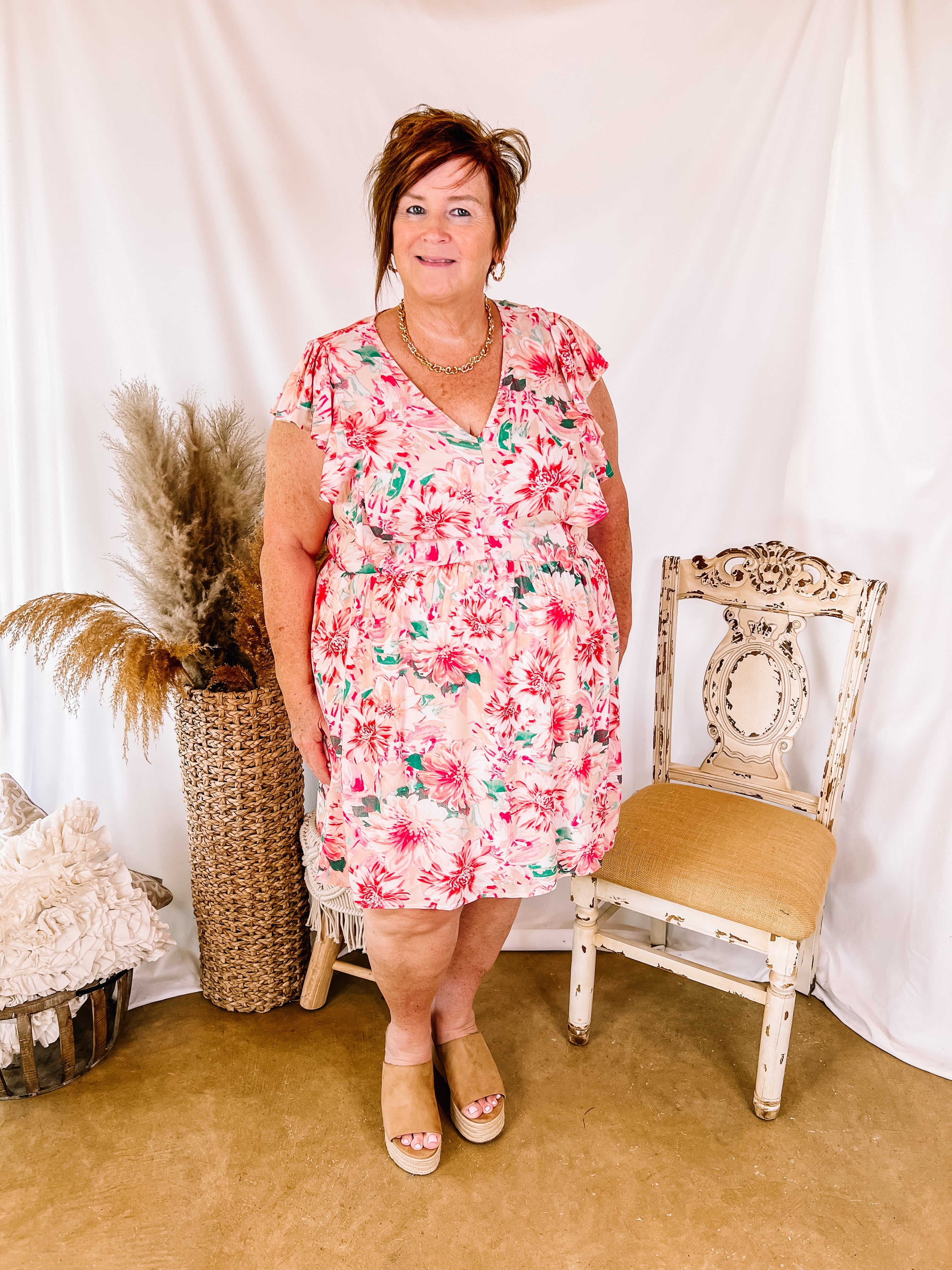 Sunshine On My Mind Floral Ruffle Cap Sleeve Dress in Pink - Giddy Up Glamour Boutique