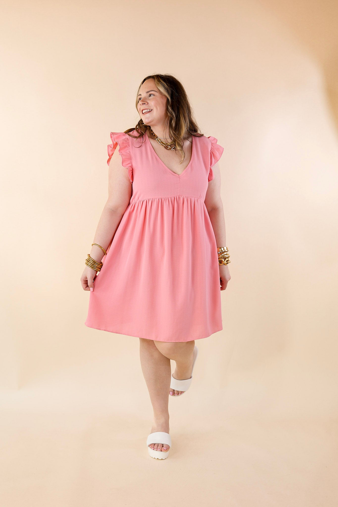 Capture Your Attention V Neck Dress with Ruffle Cap Sleeves in Bubblegum Pink - Giddy Up Glamour Boutique