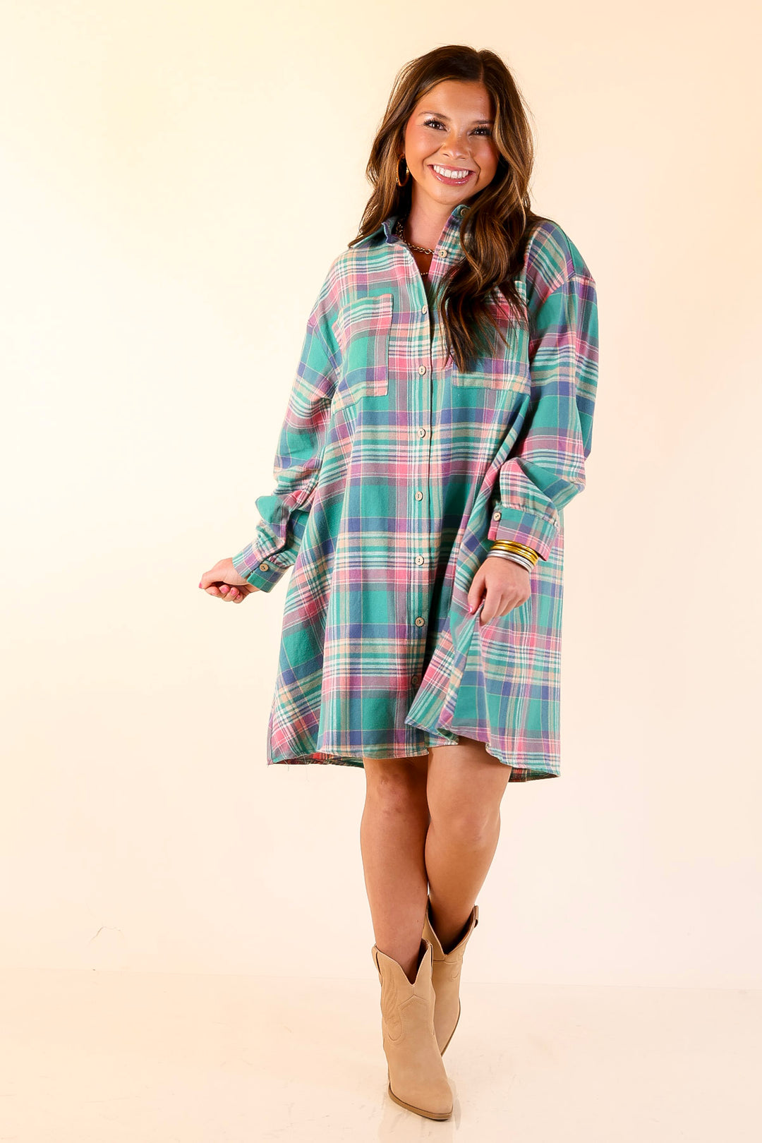 Vibrant Lifestyle Plaid Button Up Dress in Teal and Pink