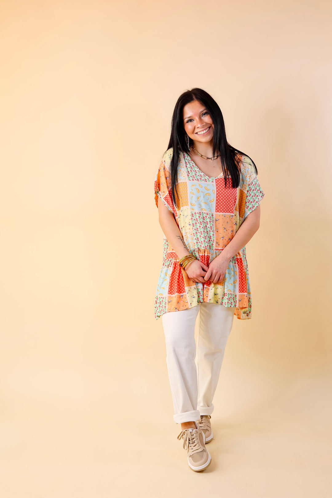 Divine Downtime Mix Patch Print Peplum Top in Orange Mix - Giddy Up Glamour Boutique