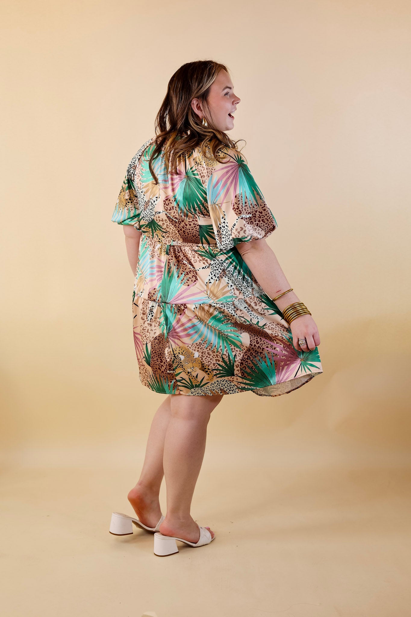 Wildly Loveable Satin Dress With Leopard Print in Beige - Giddy Up Glamour Boutique