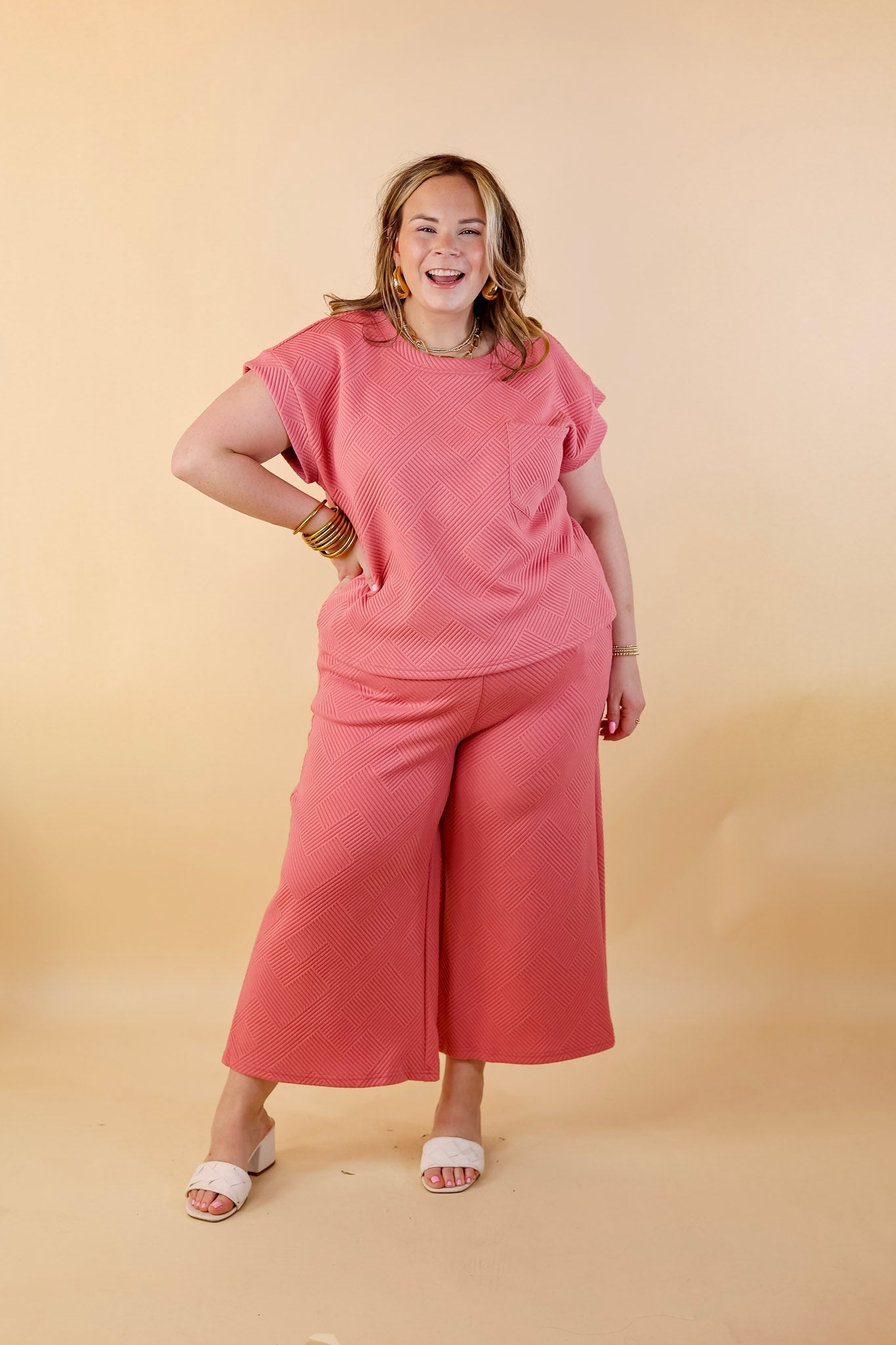 Glamour on the Go Textured Top with Pocket in Coral - Giddy Up Glamour Boutique