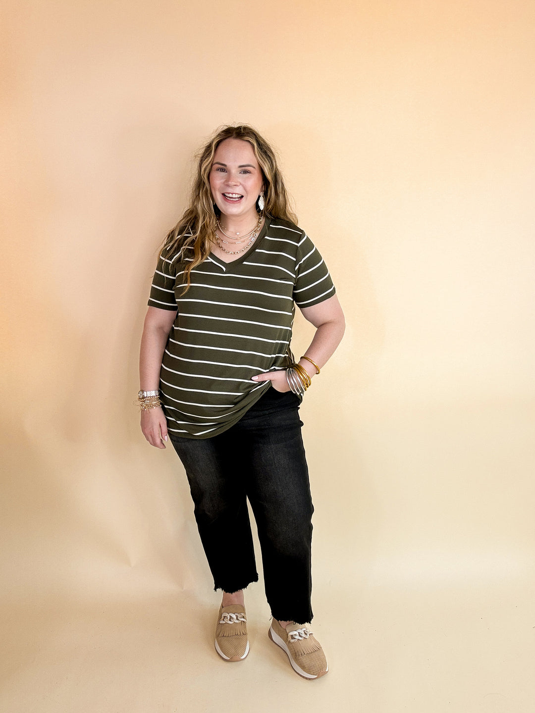 Last Chance Size Small | Keep Things Casual Striped V Neck Tee in Olive Green