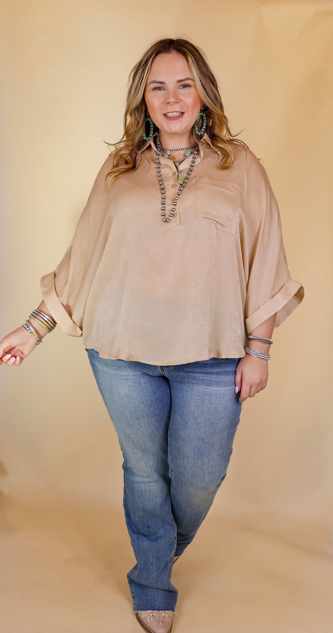 Sweet Surprise Half Button Up Poncho Top with Collared Neckline in Champagne - Giddy Up Glamour Boutique