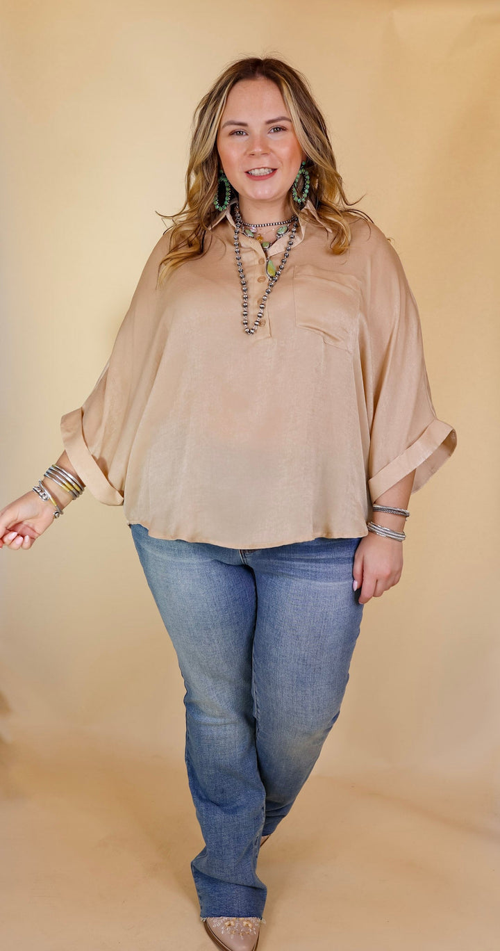 Sweet Surprise Half Button Up Poncho Top with Collared Neckline in Champagne - Giddy Up Glamour Boutique