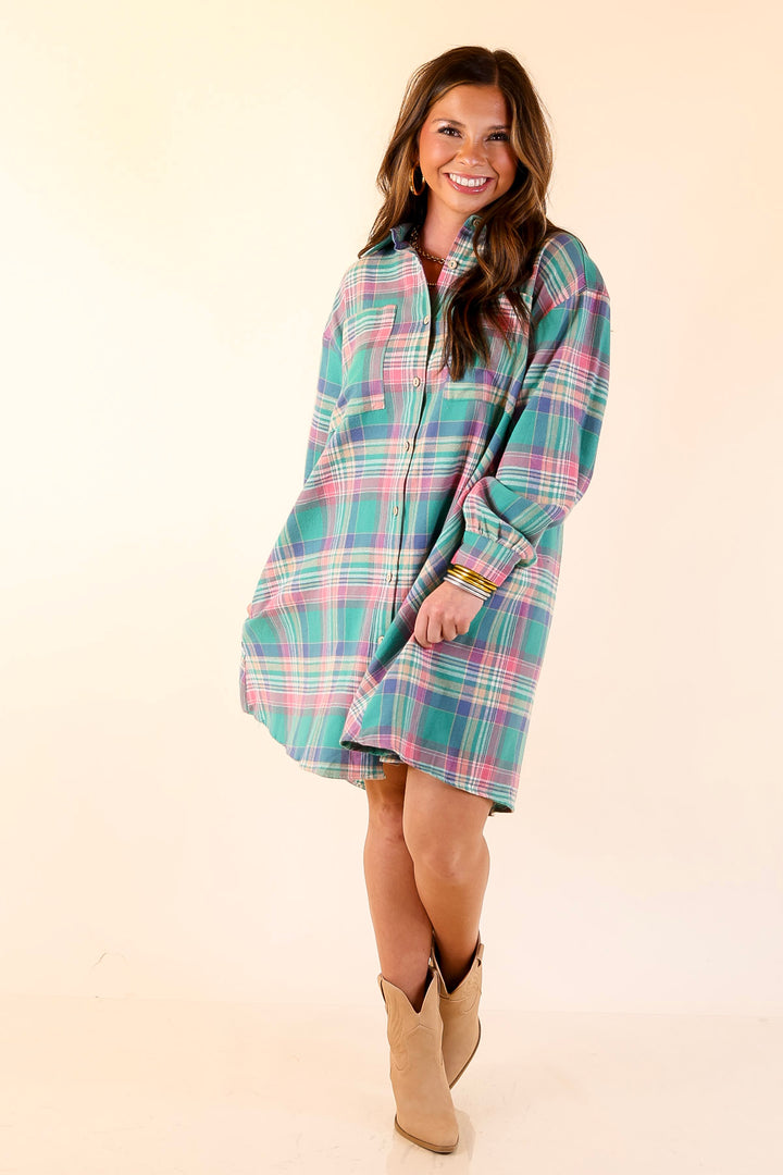 Vibrant Lifestyle Plaid Button Up Dress in Teal and Pink
