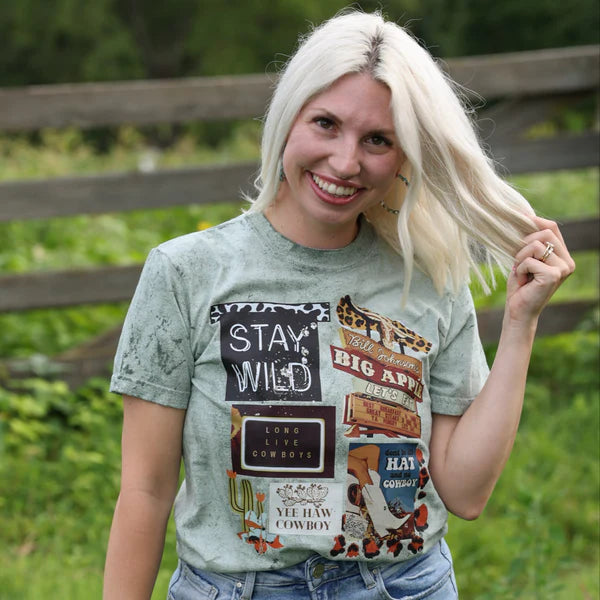 Online Exclusive | Stay Wild Cowboy Collage Graphic on Short Sleeve Comfort Color Tee in Green