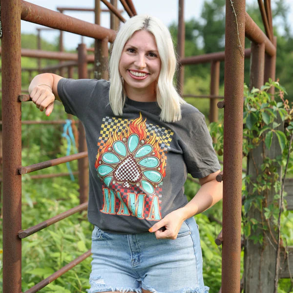Online Exclusive | Flamin Mama Concho Graphic on Short Sleeve Comfort Color Tee in Pepper Black