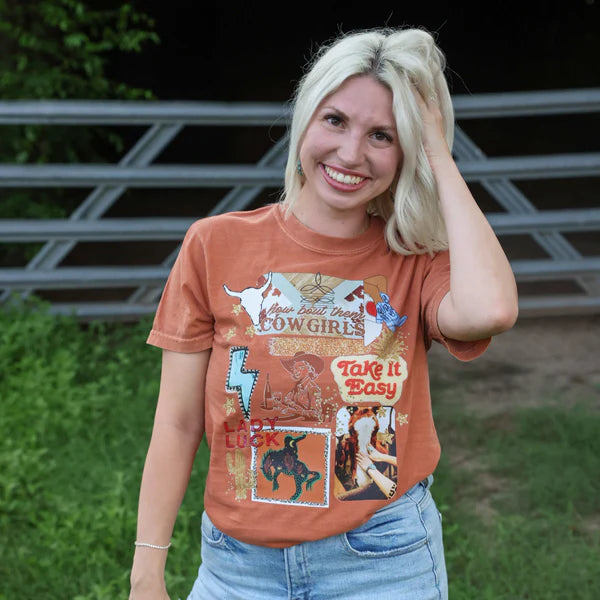 Online Exclusive | How Bout Them Cowgirls Collage Graphic on Short Sleeve Comfort Color Tee in Yam Orange