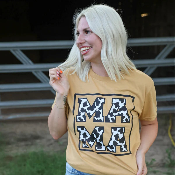 Online Exclusive | Cow Print Mama Square Graphic on Short Sleeve Tee in Old Gold Yellow