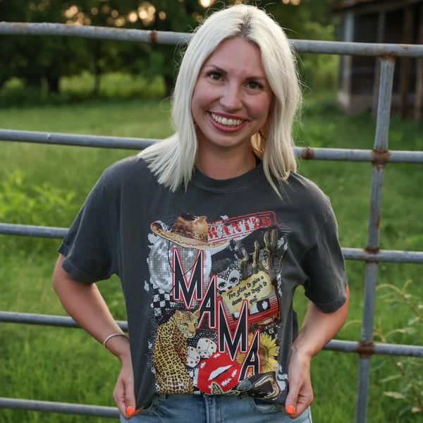 Online Exclusive | Wanted Mama Collage Graphic on Short Sleeve Comfort Color Tee in Pepper Black