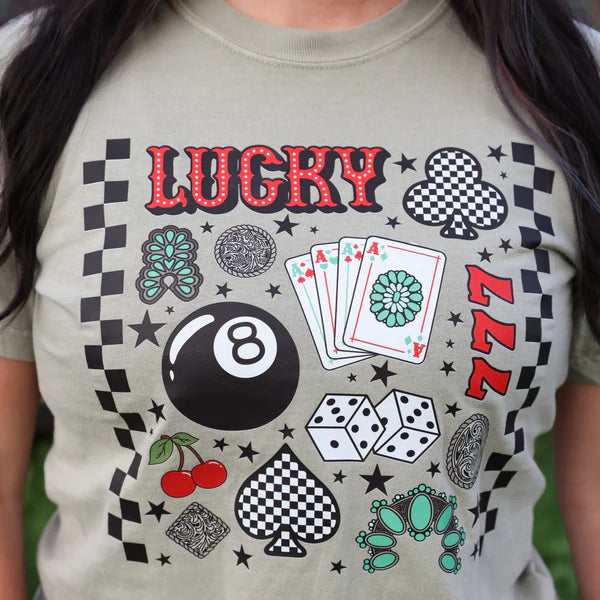 Online Exclusive | Lucky 7 Collage Graphic on Short Sleeve Comfort Color Tee in Sandstone Light Tan