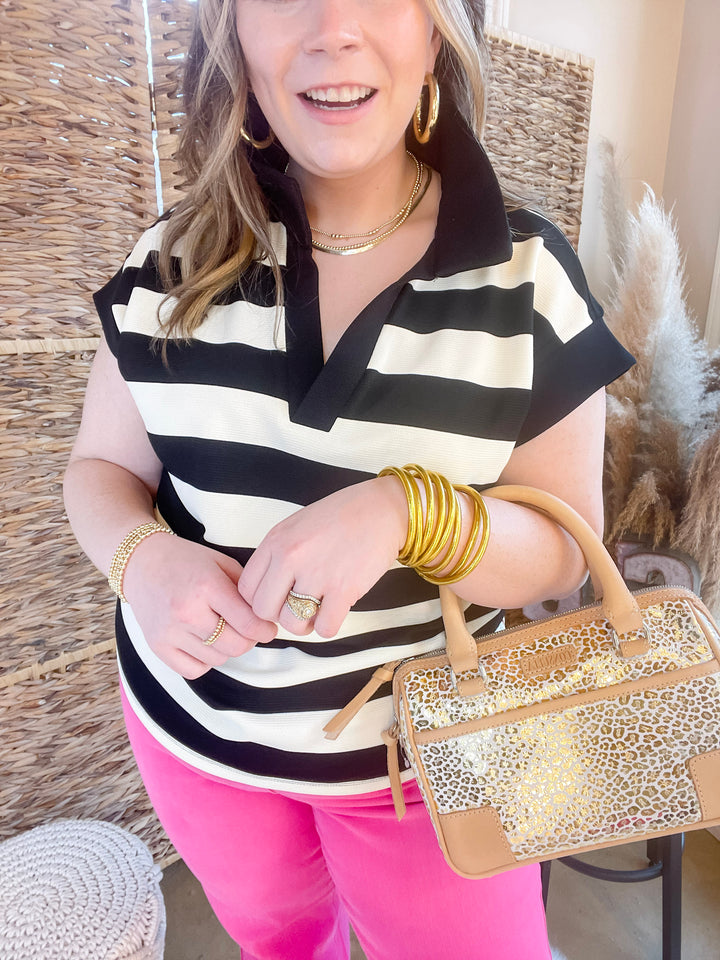 Stripe it Simple Collared Stripe Top with Drop Sleeves in Black and Cream - Giddy Up Glamour Boutique