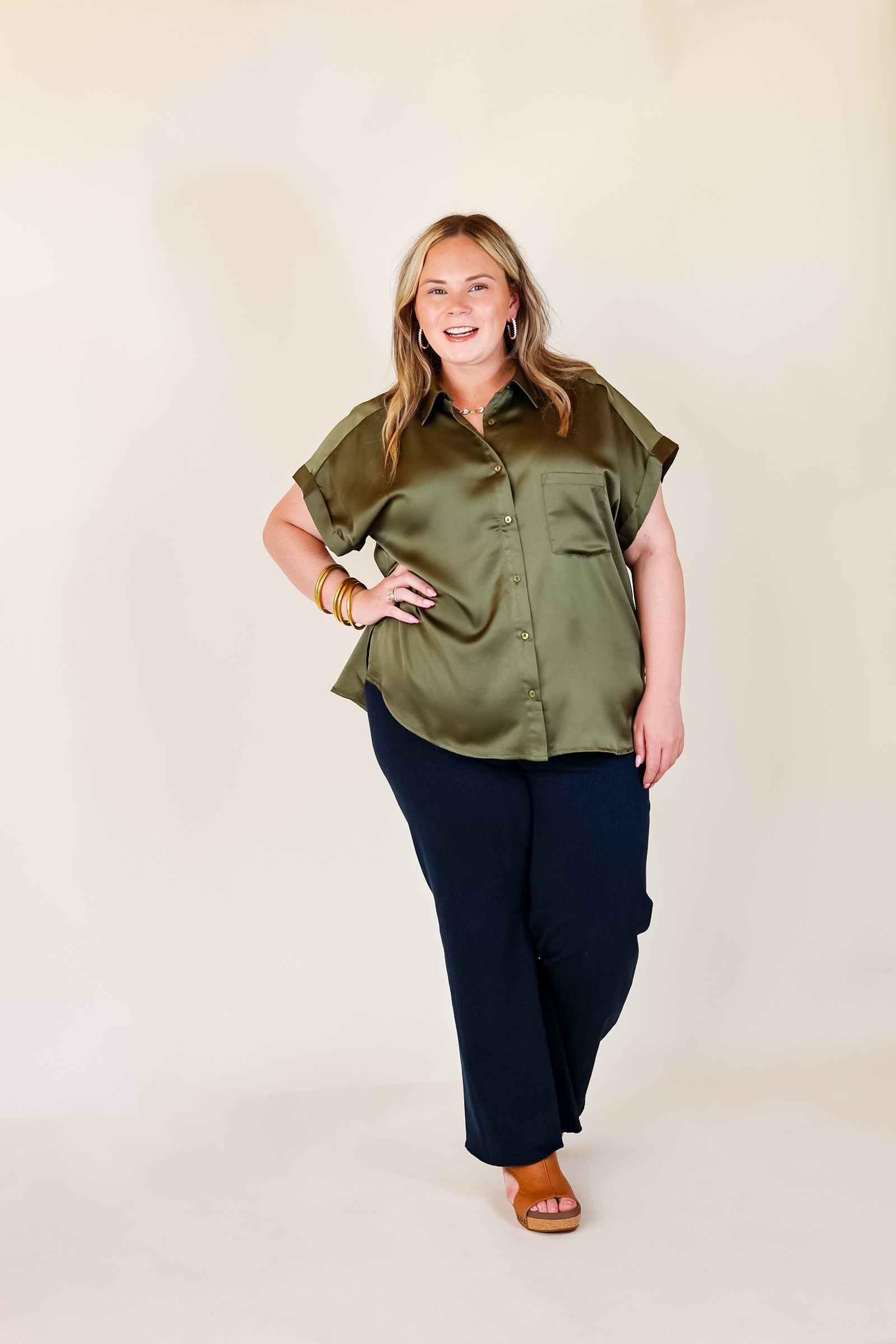 Free To Be Fab Button Up Short Sleeve Top in Olive Green