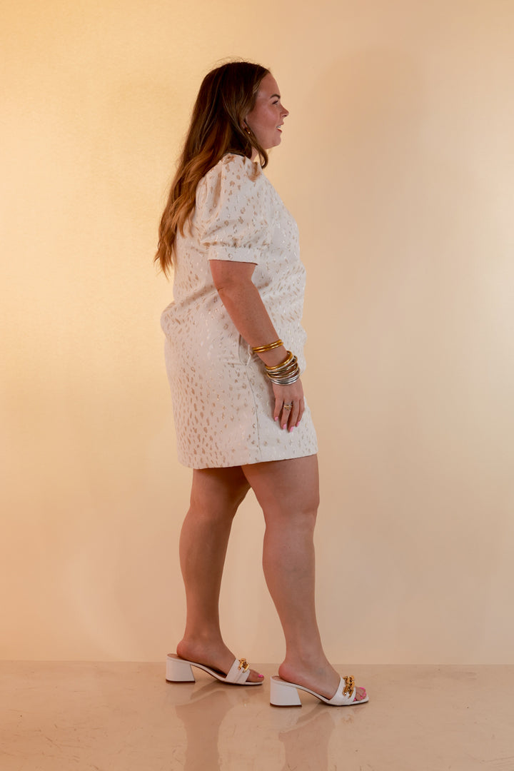 Bold Bliss Button Front Puff Sleeve Metallic Leopard Print Statement Dress in White