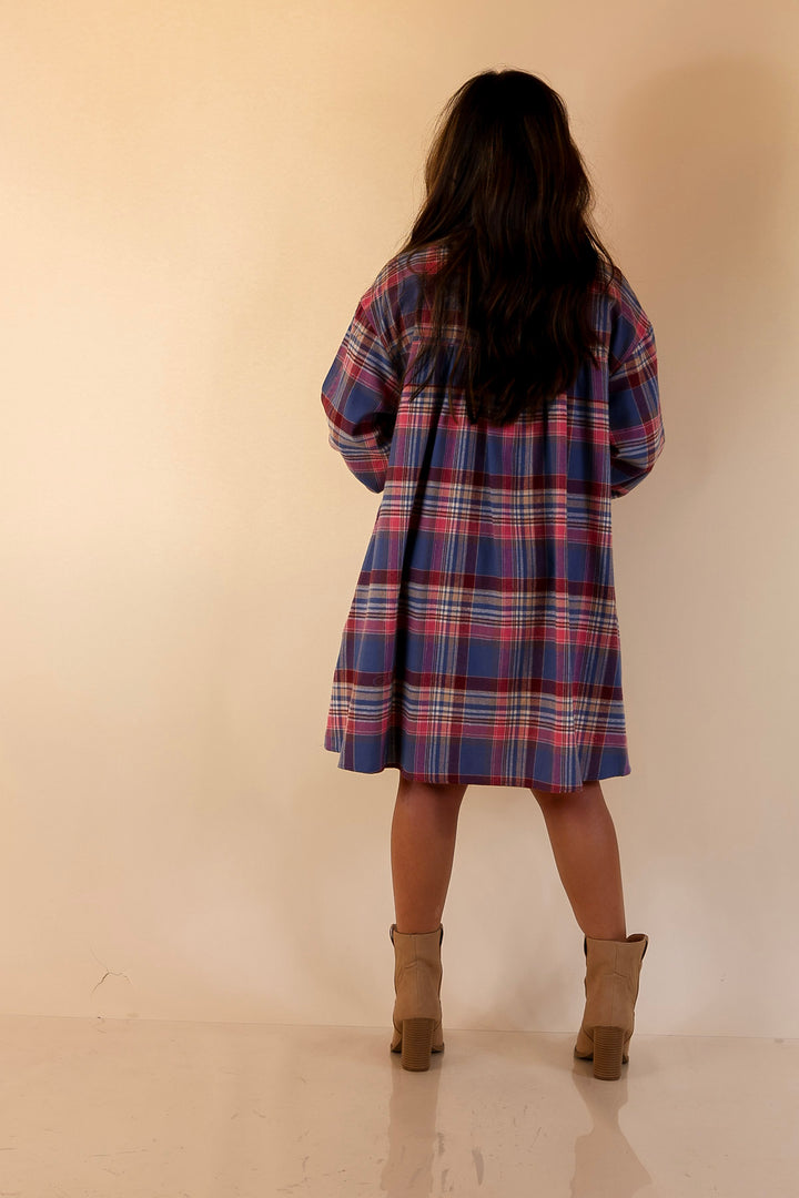 Vibrant Lifestyle Plaid Button Up Dress in Dusty Blue and Pink