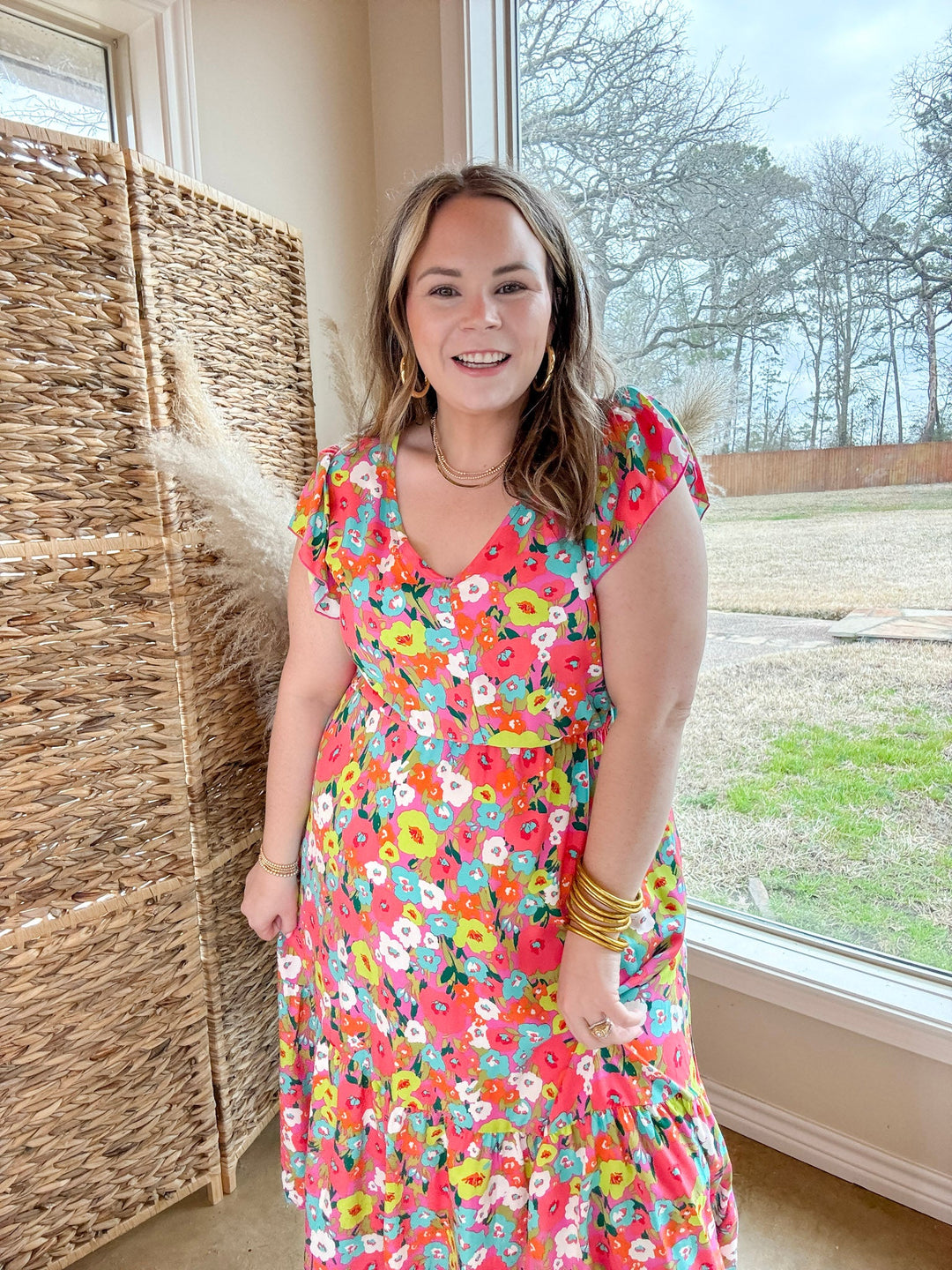 Coastal Charisma Floral Midi Dress with Ruffle Cap Sleeves in Pink Mix - Giddy Up Glamour Boutique