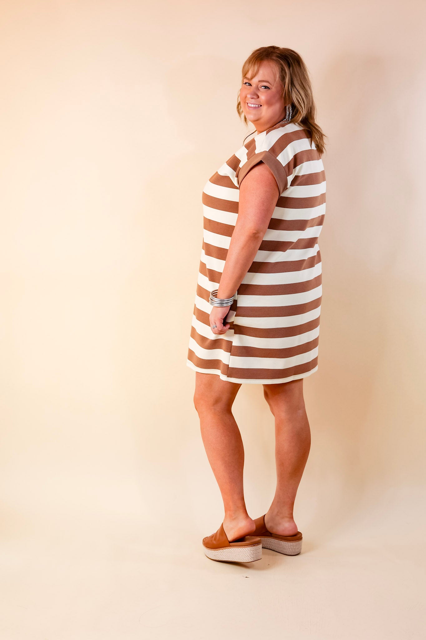 Stripe it Simple Striped Dress with Cap Sleeves in Taupe and Cream - Giddy Up Glamour Boutique