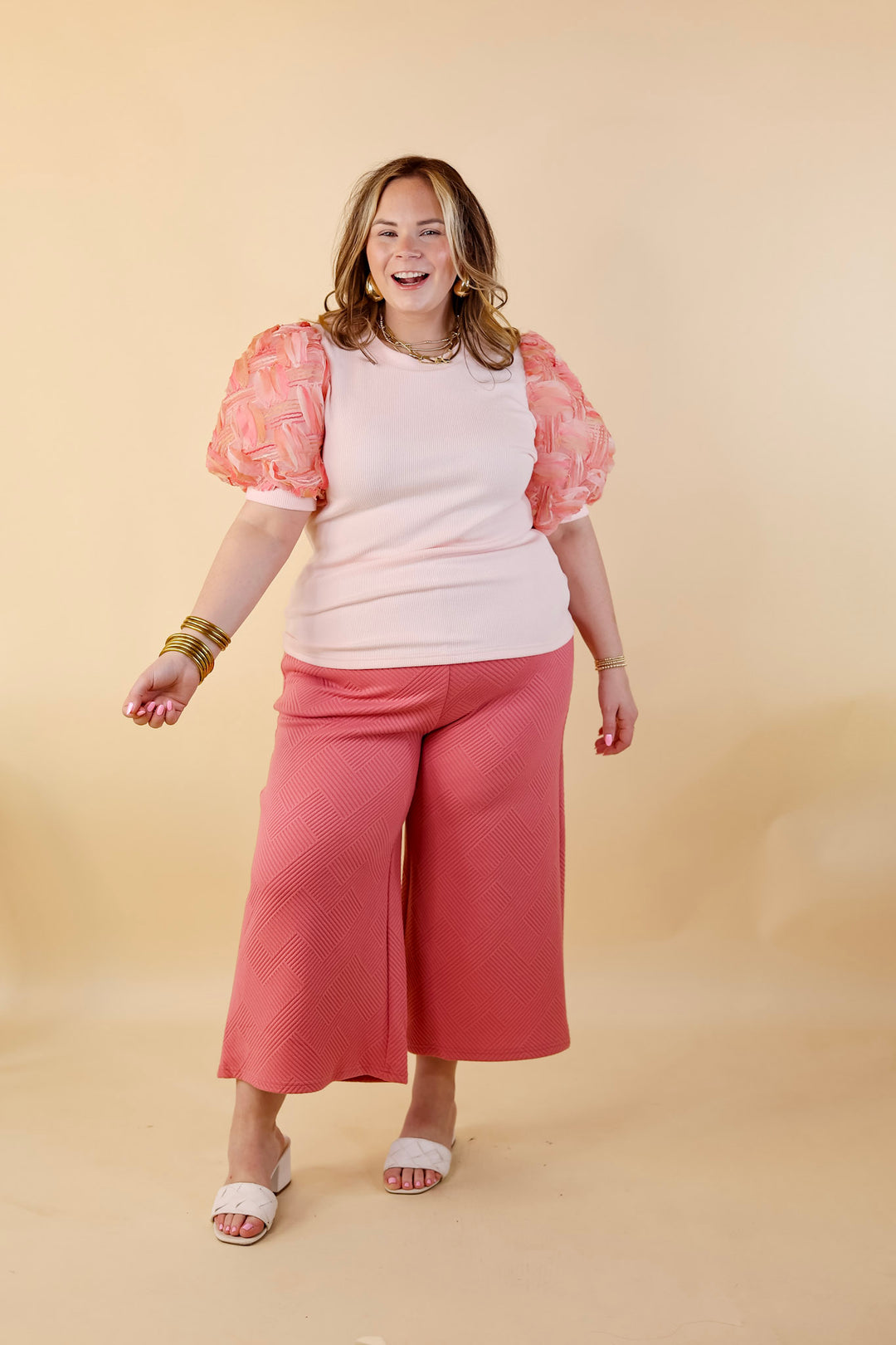 Spring Girls Multi-Color Geometric Stripe Tulle Balloon Sleeve Top in Pink - Giddy Up Glamour Boutique