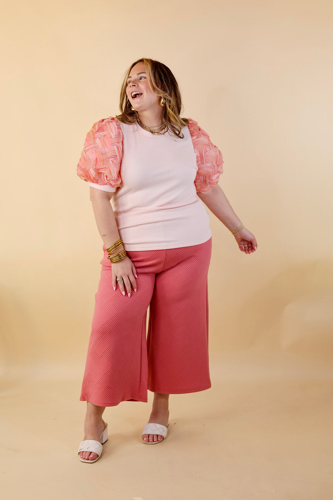 Spring Girls Multi-Color Geometric Stripe Tulle Balloon Sleeve Top in Pink - Giddy Up Glamour Boutique