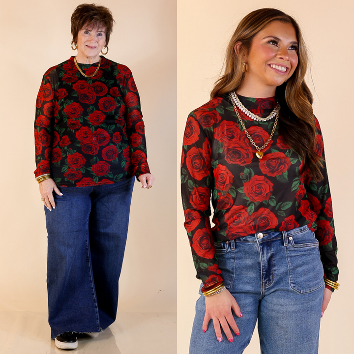Sheer Confidence Red Rose Print Mesh Long Sleeve Top in Black