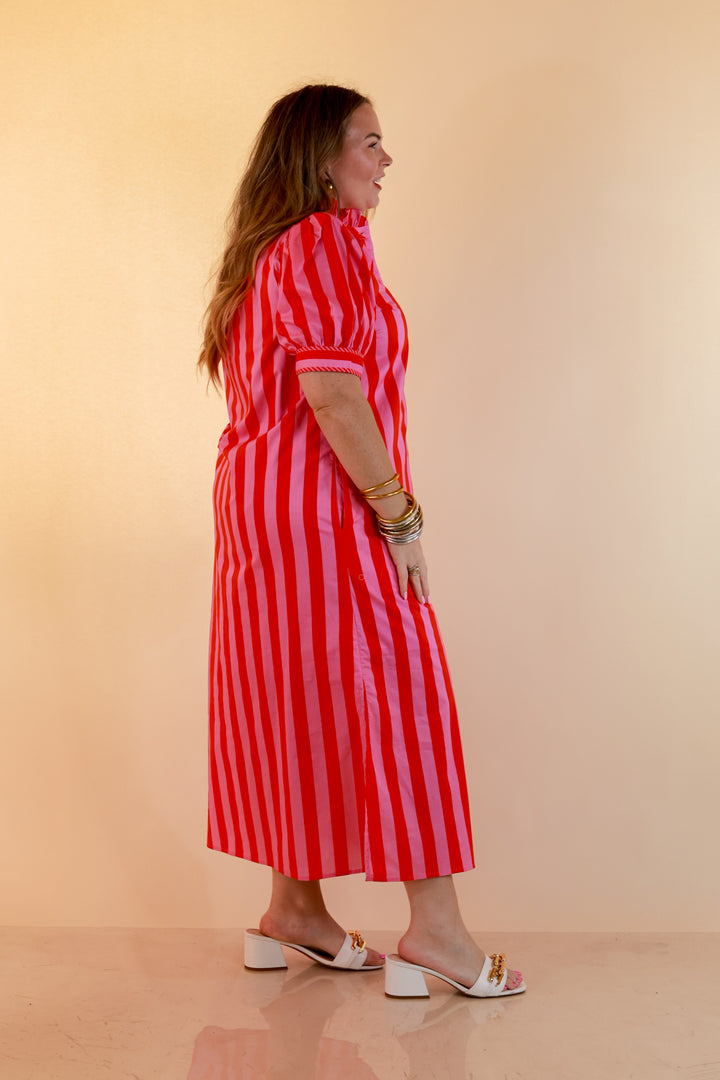 Strut and Shine Stripe Midi Dress with Button Front Detail and Puff Sleeves in Pink and Red