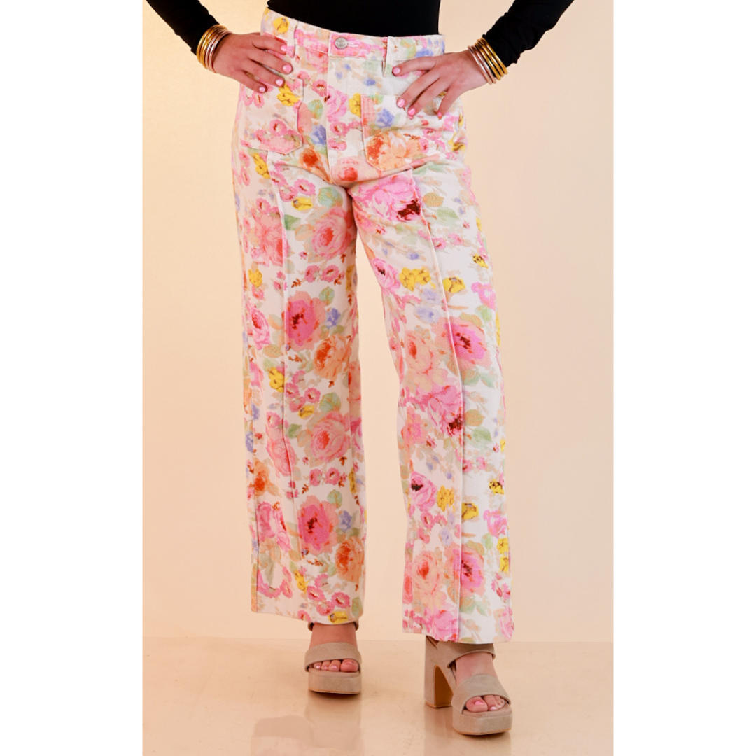 Rosy Outlook Floral Print Wide Leg Denim Pants with Front Seam in Cream
