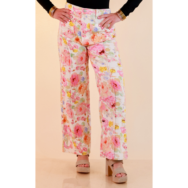 Rosy Outlook Floral Print Wide Leg Denim Pants with Front Seam in Cream