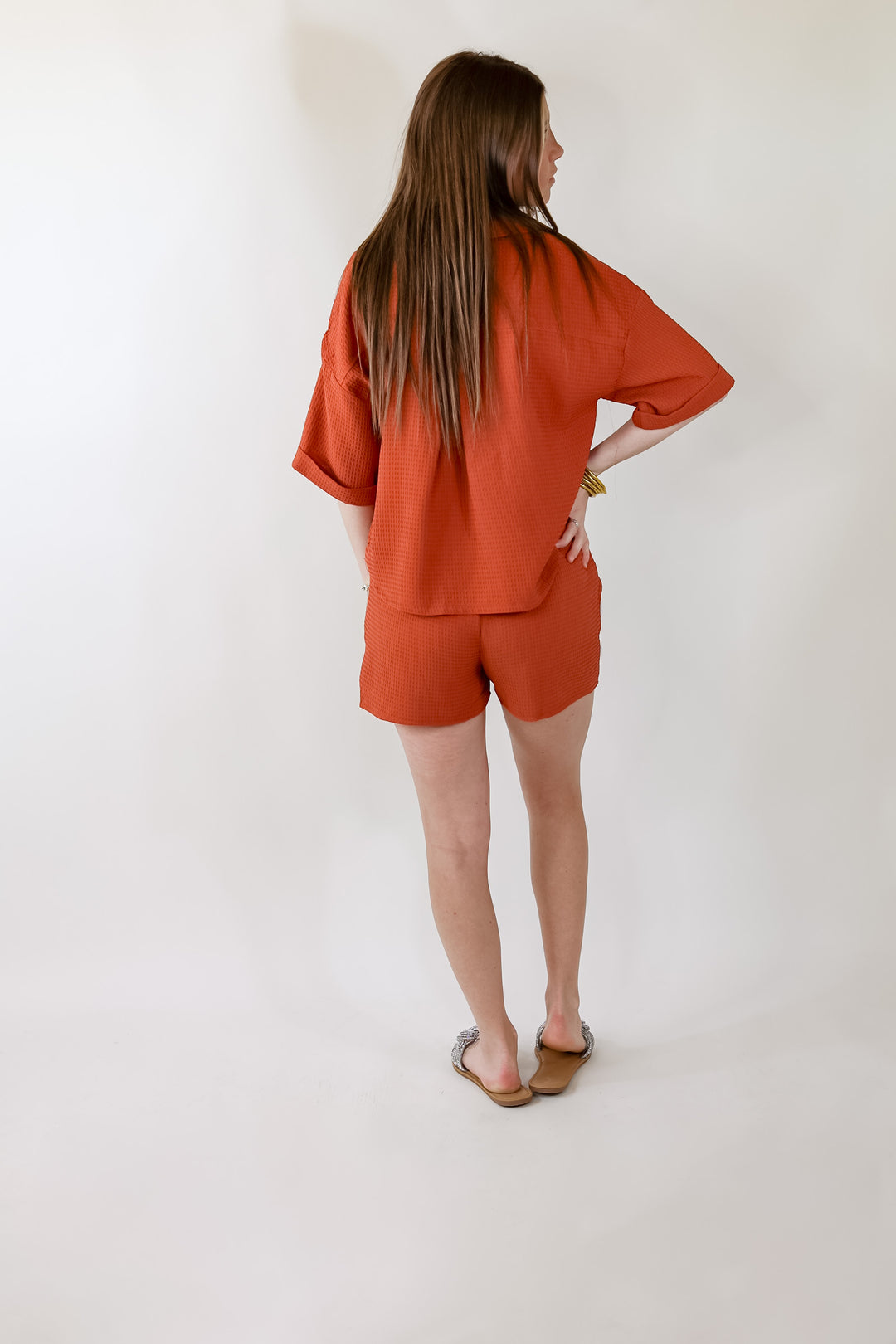 Time To Go Waffle Weave Button Up Top in Spice Brown - Giddy Up Glamour Boutique