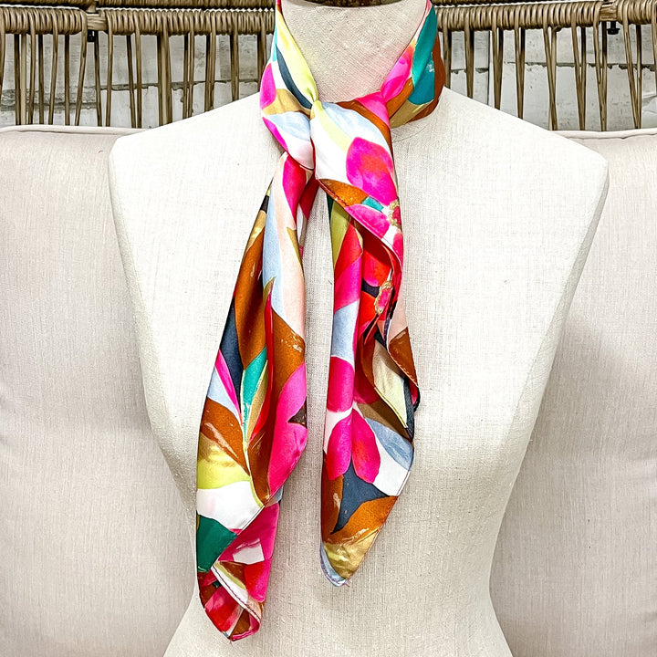 Tropical Bloom Floral Abstract Floral Silk Feel Square Scarf in Hot Pink, Teal and Tan
