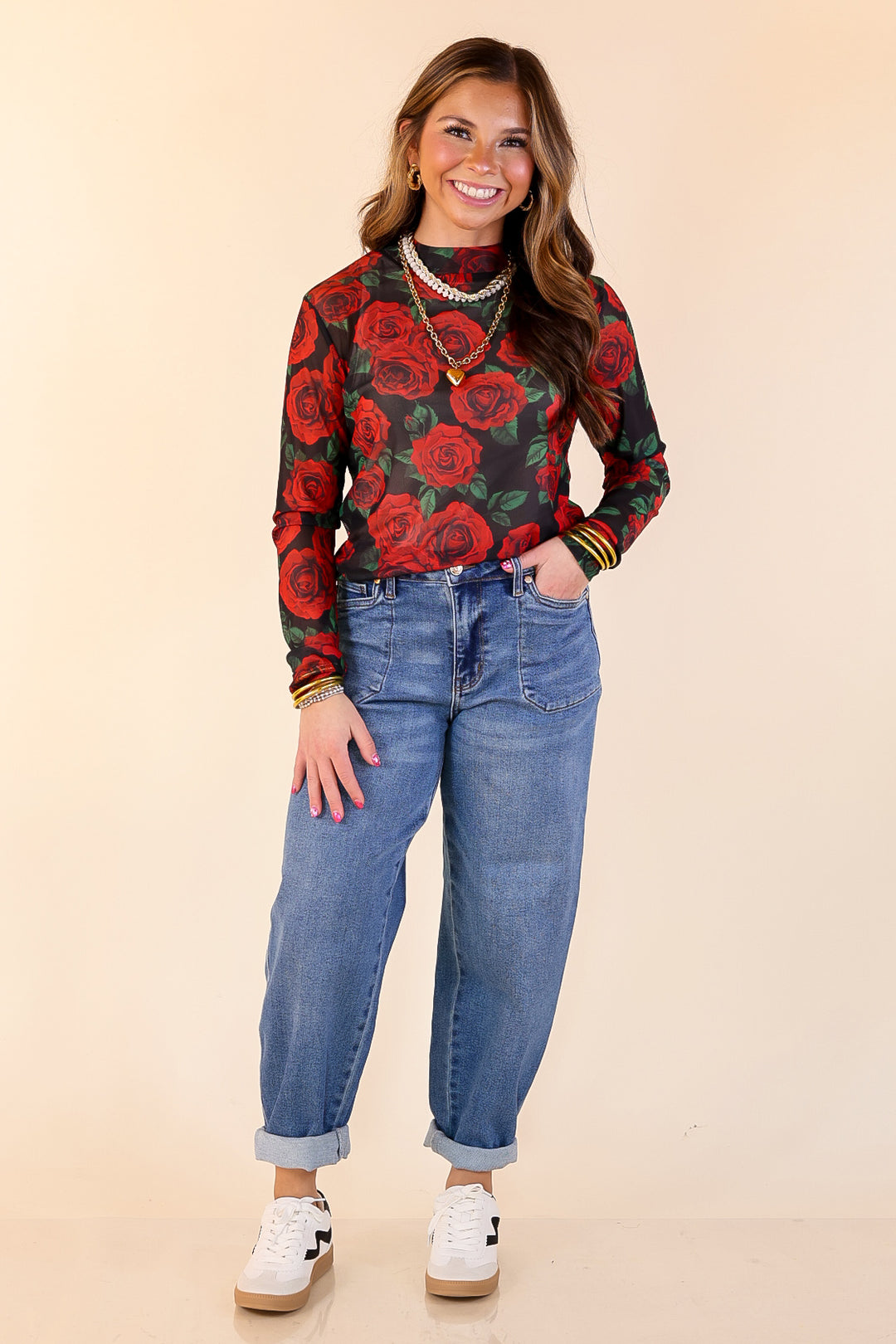 Sheer Confidence Red Rose Print Mesh Long Sleeve Top in Black