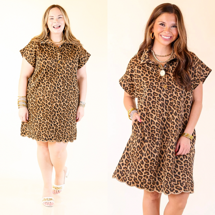 Roar and Ready Drop Sleeve with Scalloped Hem Dress in Leopard Print
