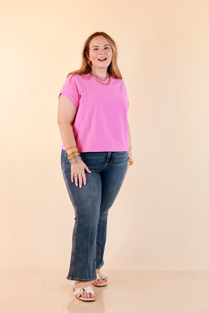 Laidback Luxe Rolled Drop Sleeve Relaxed Fit Basic Short Sleeve Top in Mauve Purple