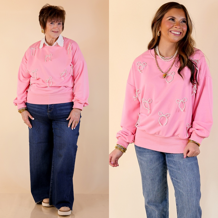 All Tied Up Pearl Bow Detail Long Sleeve Top with Scattered Bow Accents in Pink