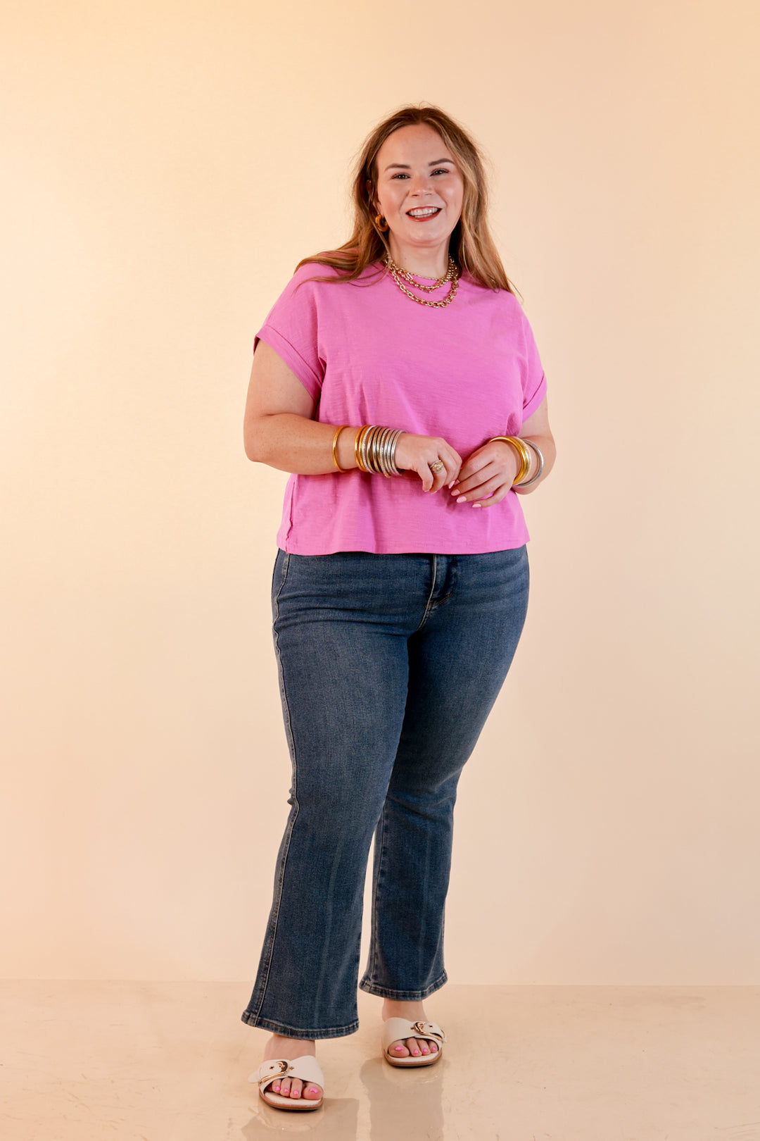 Laidback Luxe Rolled Drop Sleeve Relaxed Fit Basic Short Sleeve Top in Mauve Purple
