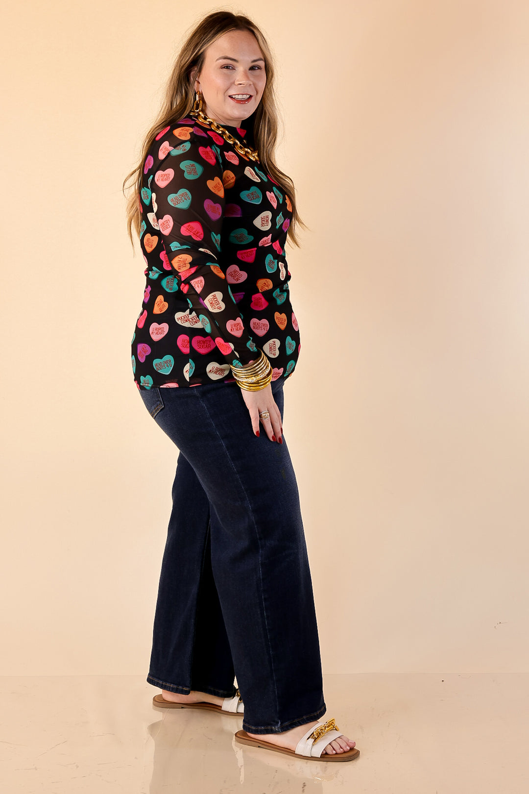 Sheer Confidence Western Theme Conversation Heart Print Mesh Long Sleeve Top in Black