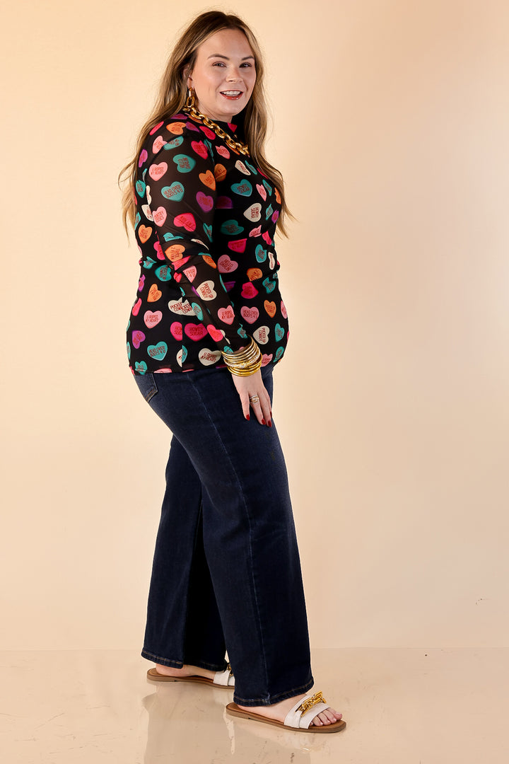 Sheer Confidence Western Theme Conversation Heart Print Mesh Long Sleeve Top in Black