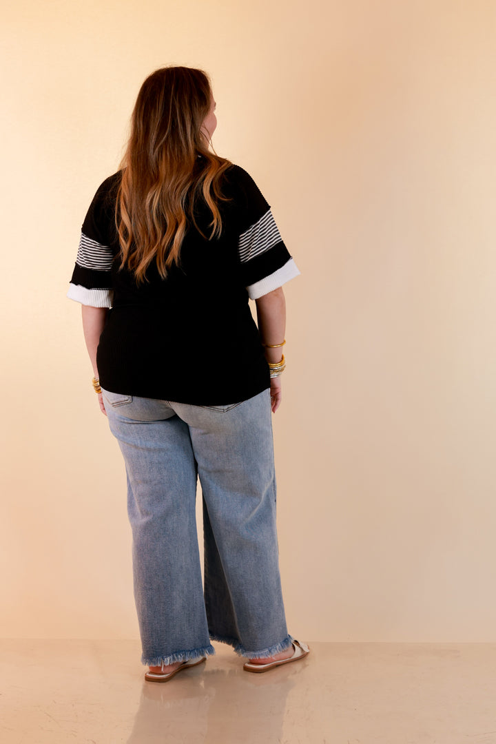 Chic by Design Ribbed Collared Top with Contrast Stripe Short Sleeves in Black
