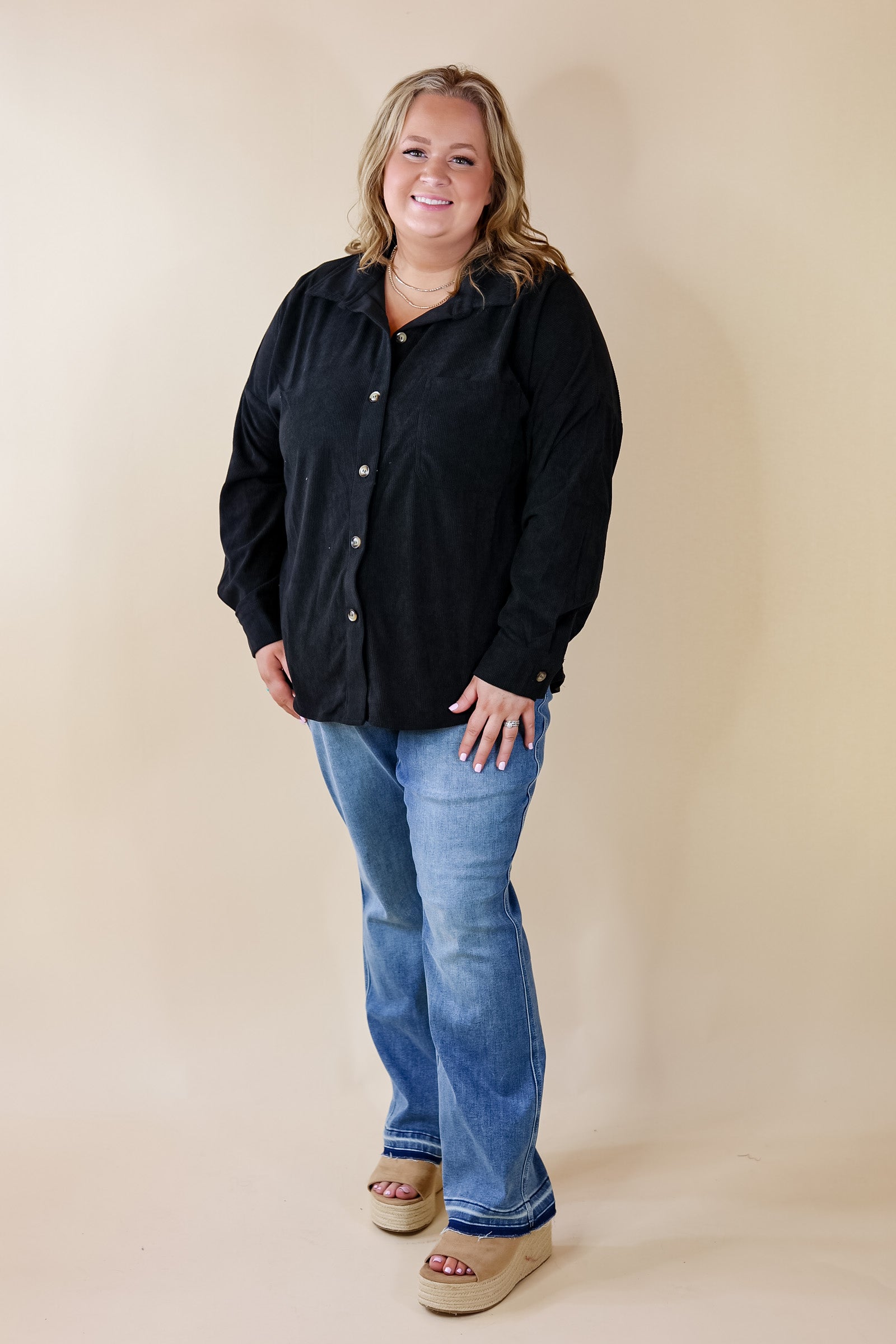 Plus Sizes | Captivating Cuteness Corduroy Button Up Shacket in Black - Giddy Up Glamour Boutique