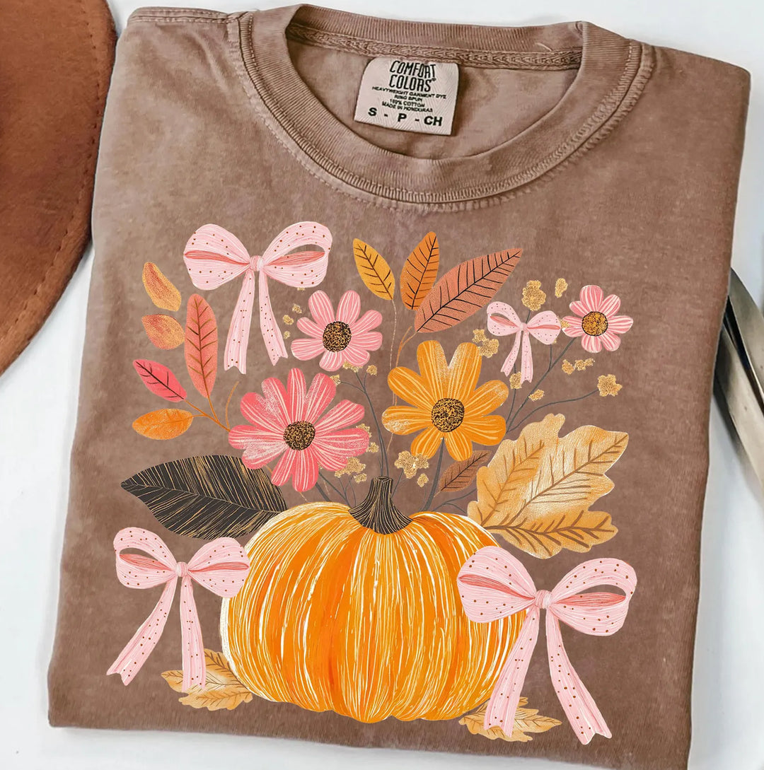Made to Order | Preppy Pumpkin Floral Graphic Design Tee or Sweatshirt in Multiple Printing Options on Brown