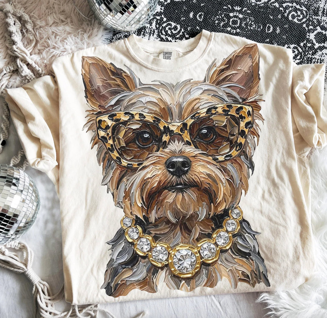 Made to Order | Boujee Yorkie Printed Graphic Tee or Sweatshirt in Multiple Printing Options on Ivory or Black