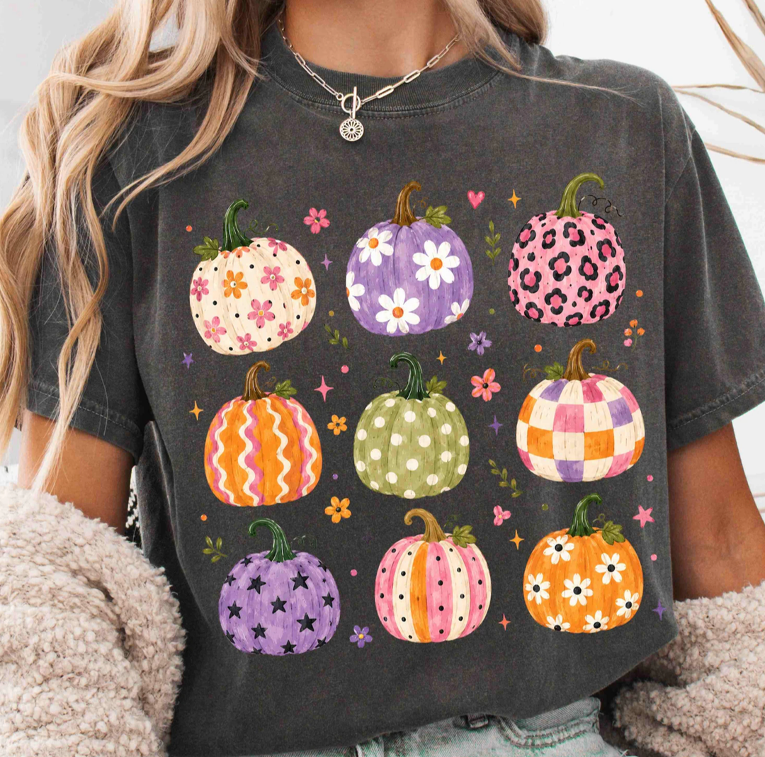 Custom Made to Order | Mix Pattern Pumpkin Graphic Tee or Sweatshirt in Multiple Printing Options on Gray