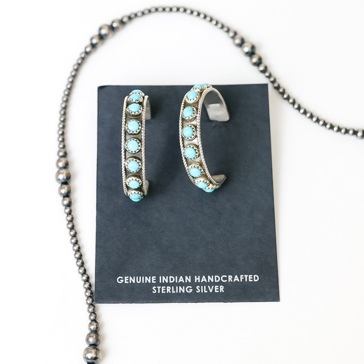 Navajo | Genuine Indian Handcrafted Sterling Silver Large Hoops with Turquoise Stones