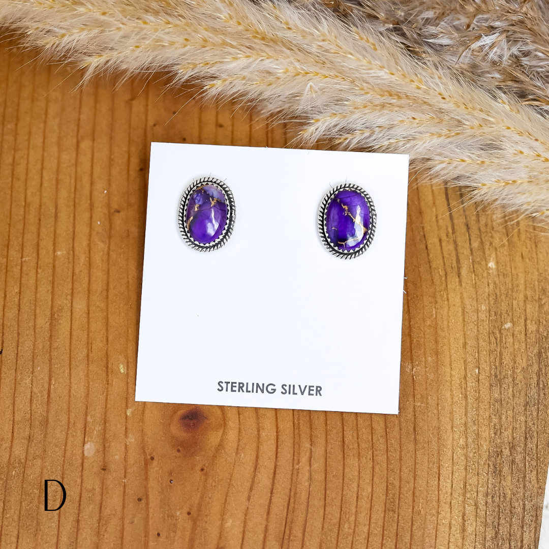 Navajo | Navajo Handmade Sterling Silver Oval Stud Earrings in Purple Mix
