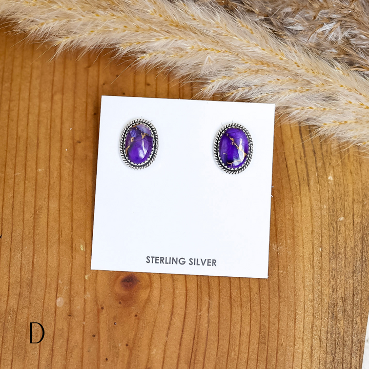 Navajo | Navajo Handmade Sterling Silver Oval Stud Earrings in Purple Mix