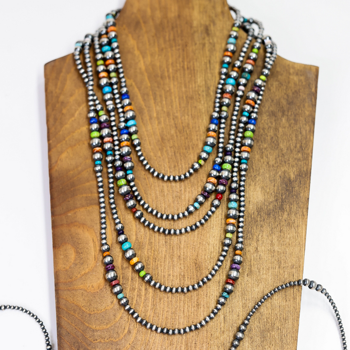 Navajo | Sterling Silver Hand Crafted Graduated Navajo Pearl Necklace with Multi Colored Stones | Varying Lengths