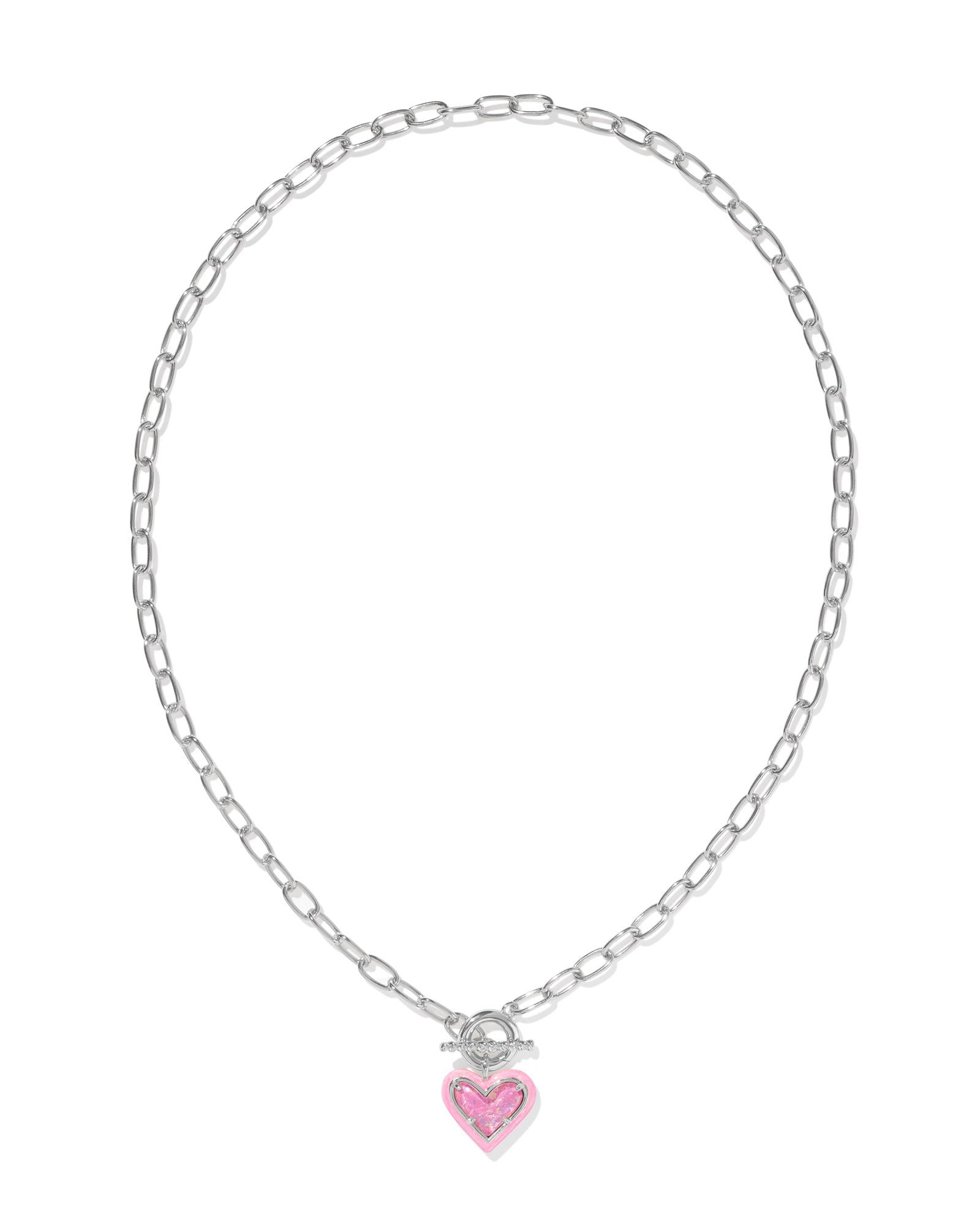 Kendra Scott | Ari Heart Silver Enamel Framed Link and Chain Necklace in Pink Iridescent Glitter Glass