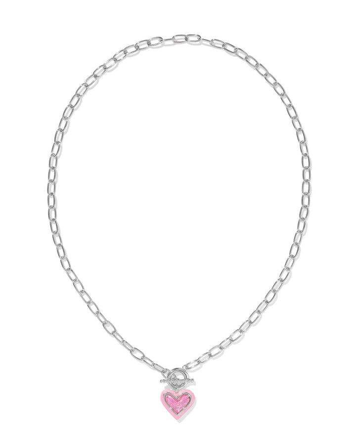 Kendra Scott | Ari Heart Silver Enamel Framed Link and Chain Necklace in Pink Iridescent Glitter Glass