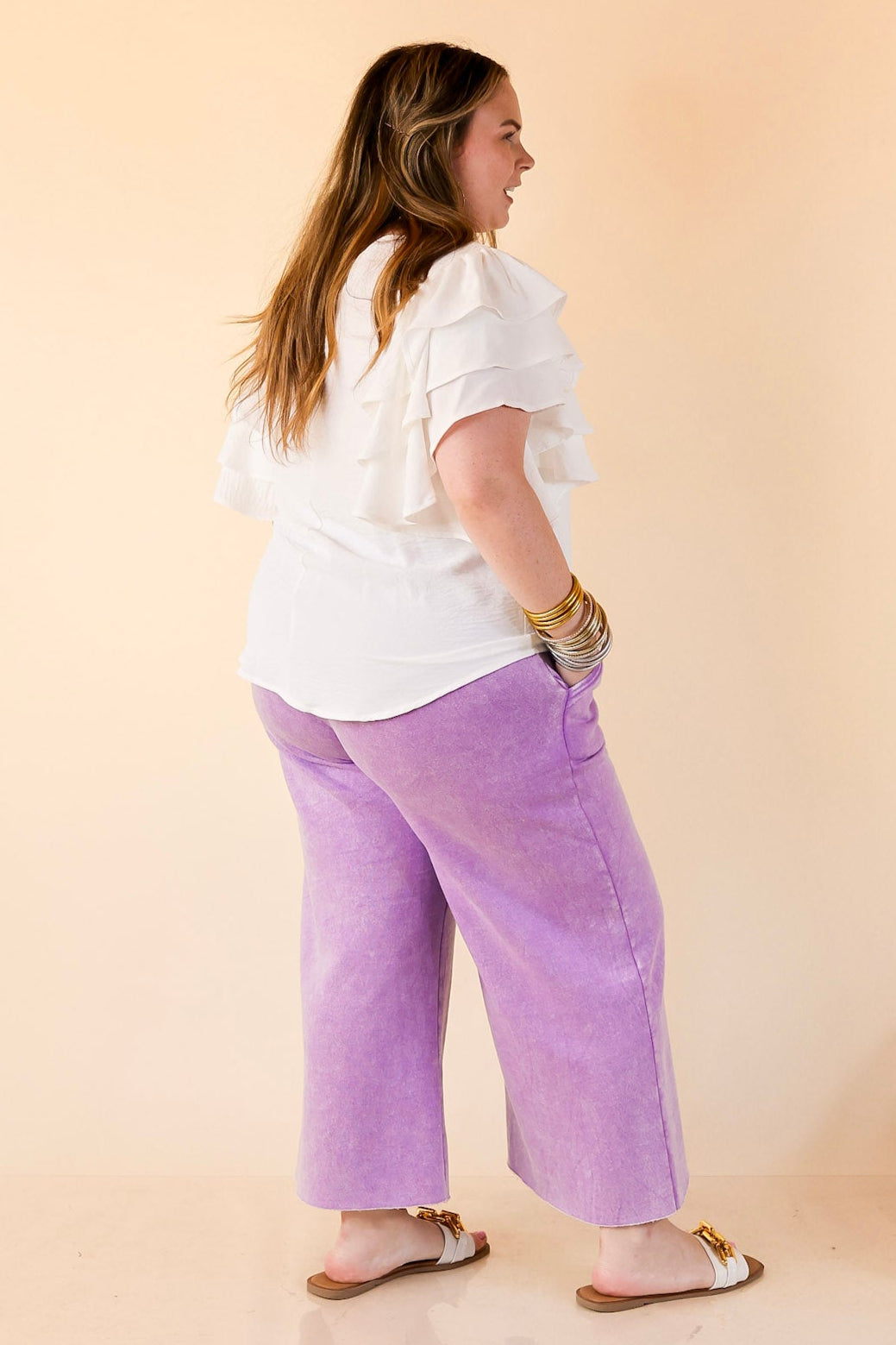 Cozy Girl Cropped Acid Washed Drawstring Pant in Lavender Purple