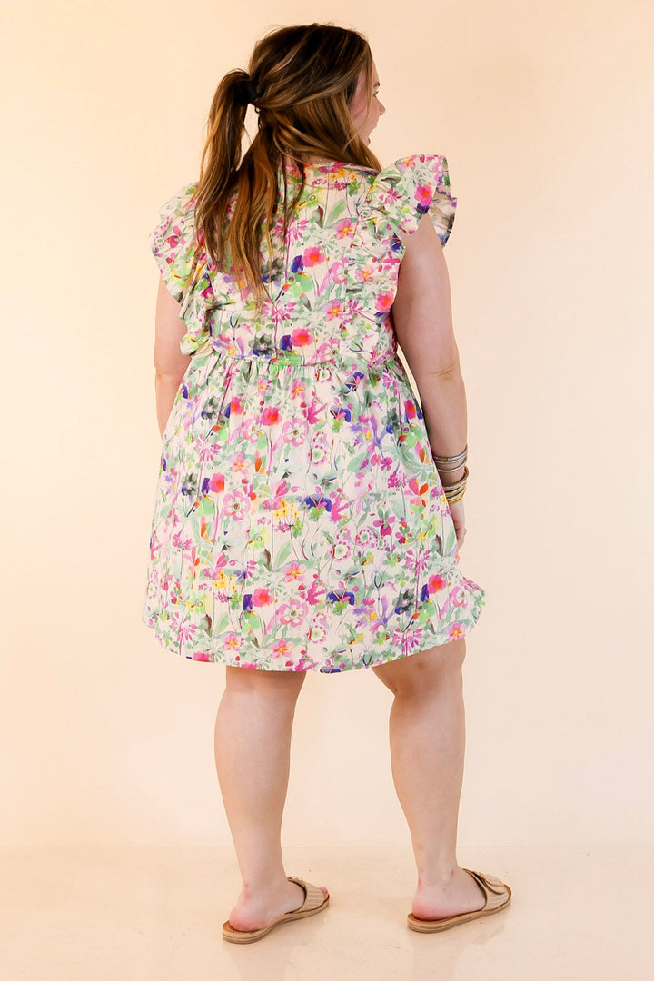 Bows & Blooms Tiered Floral Print Dress with Ruffle Cap Sleeves in Pink Mix